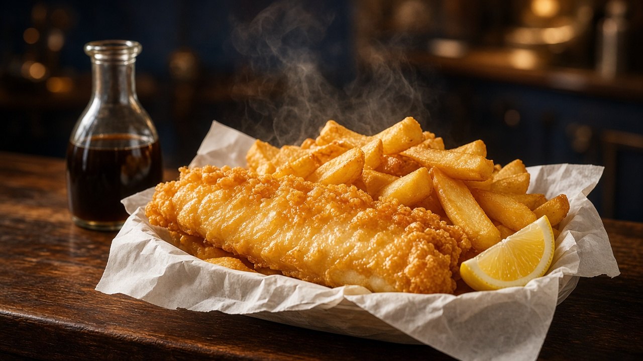 Illustrated fish and chips in paper with malt vinegar. Not a labelled photograph from this shop.